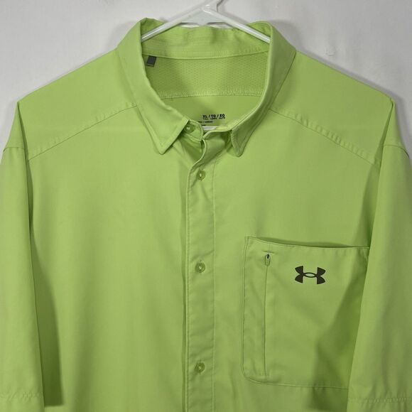 Under Armour Fitted Short Sleeve Button Down Fishing Shirt Mens XLT Green Vented - Picture 2 of 12